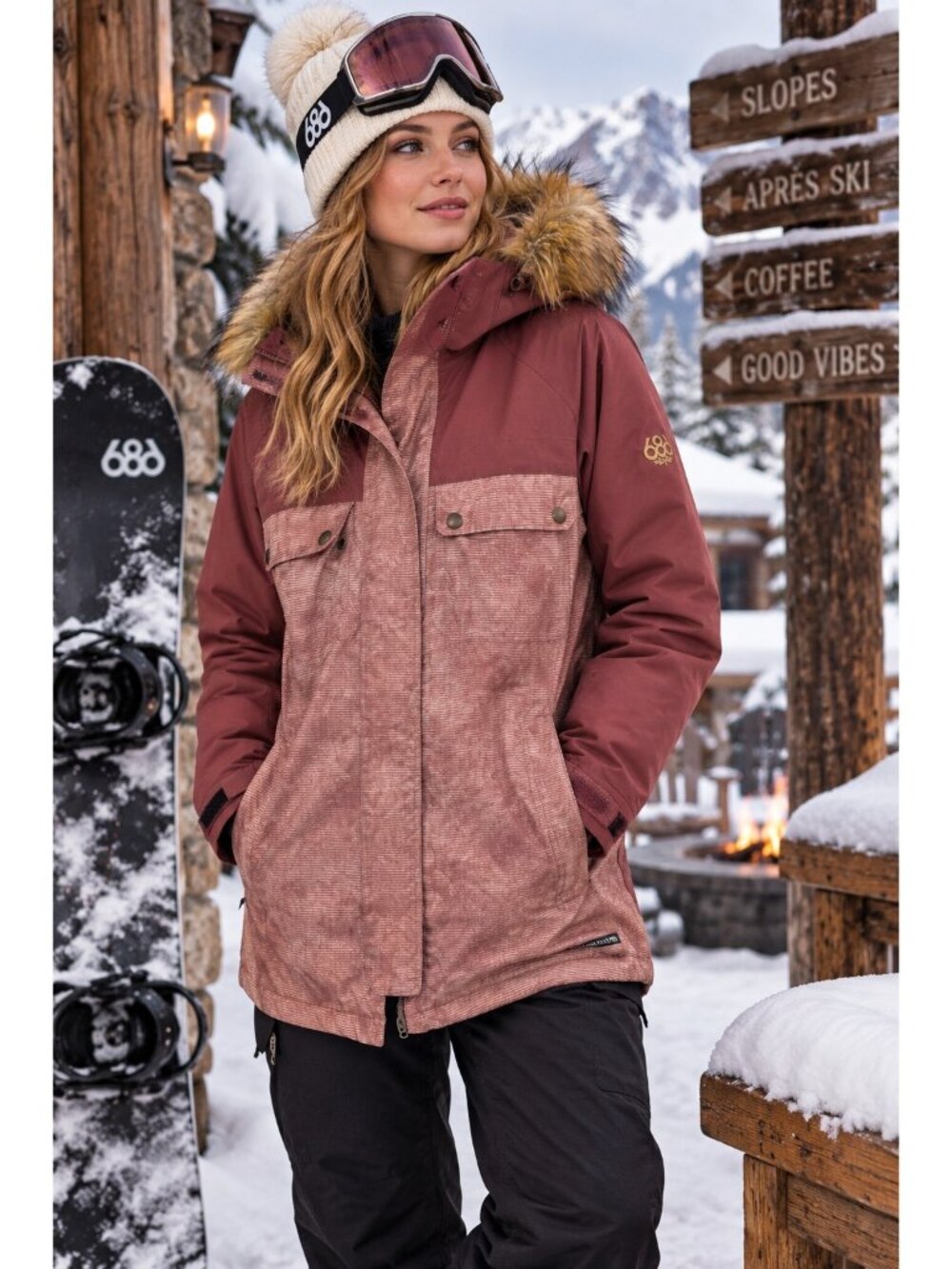686 Women’s Dream Insulated Jacket M Burgundy 10K Waterproof Faux Fur Snow